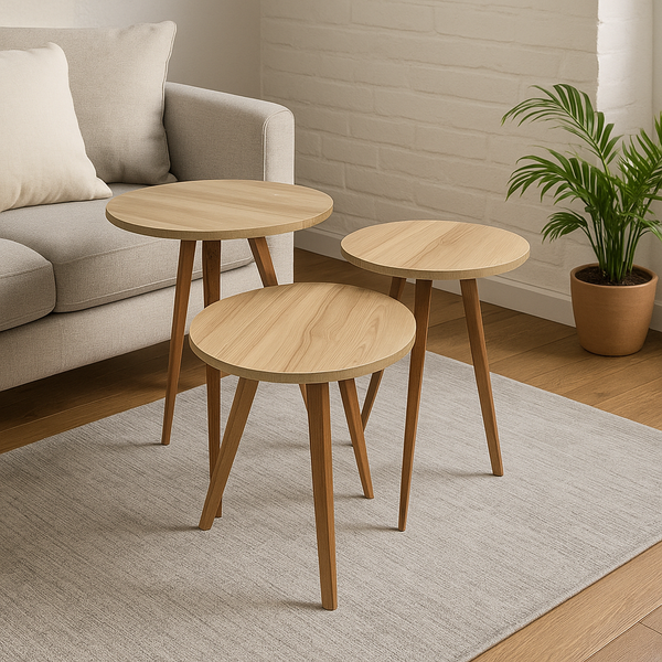 Beige wooden round tables