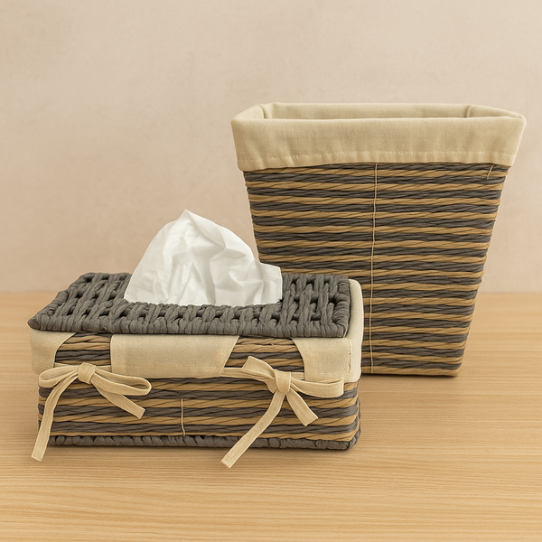 Woven Rattan Tissue Box & Waste Basket Set